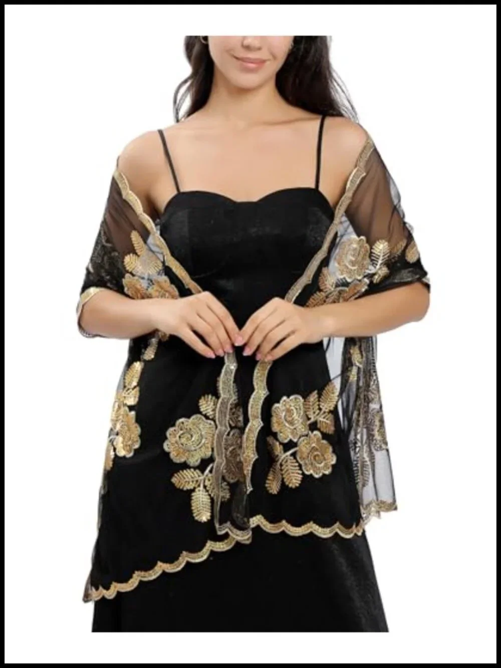 Women Embroidered Lace Sequin Floral Chiffon Formal Wrap Shawl for Evening